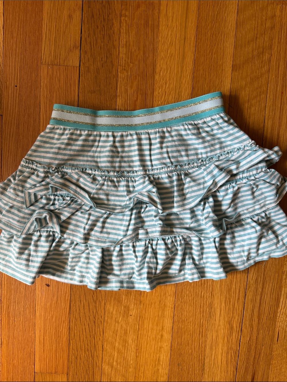 Mini Boden Striped Ruffle Skort in Light Blue and White with Metallic Waistband